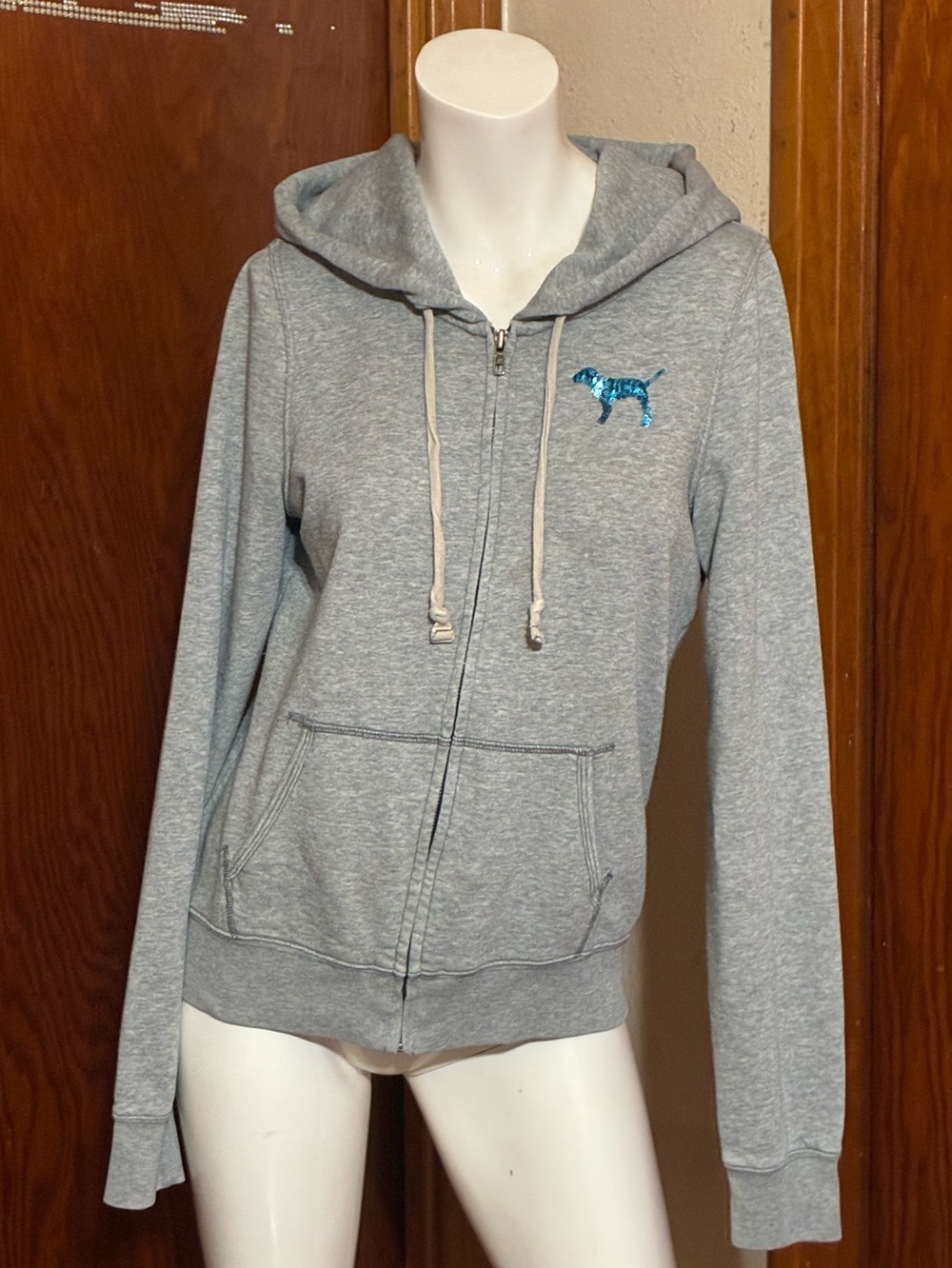 Victoria’s Secret PINK Grey w/ Blue & Black Sequins Zip Up Hoodie - Picture 2 of 4
